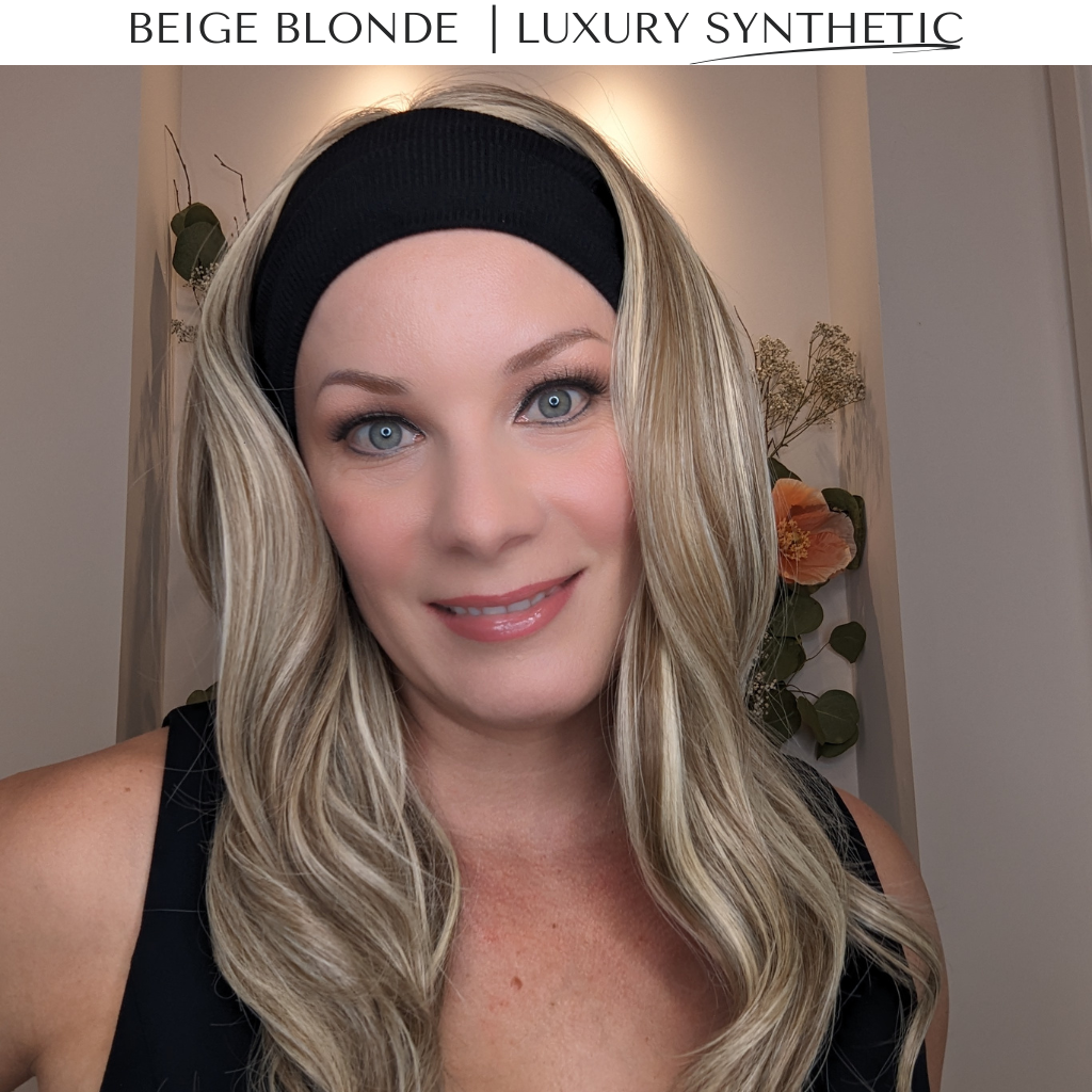 beige blonde wig luxury synthetic front close up