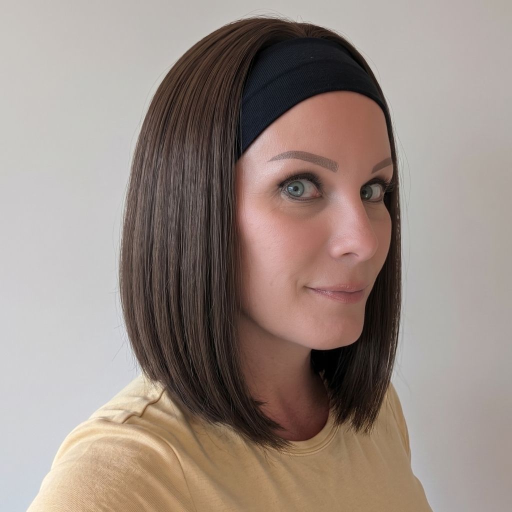 Headband Wig Bob Medium Brown with Blonde Highlights Luxury Synthetic Side