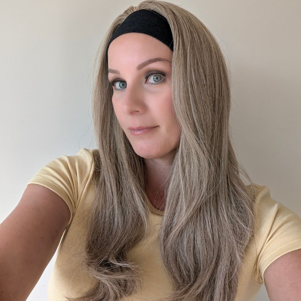 Headband Wig, Cream Blonde, Luxury Synthetic, side smile