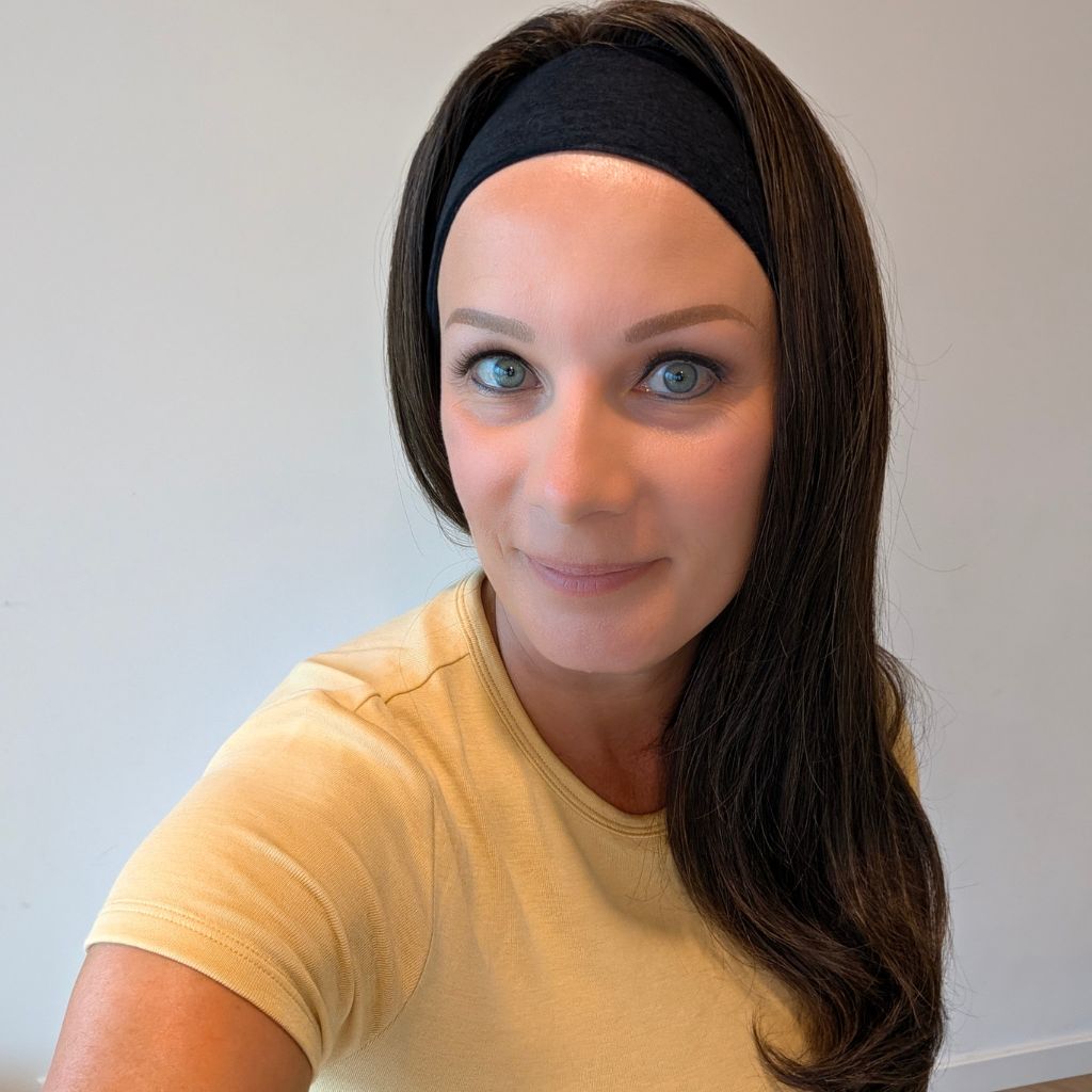 Headband Wig, Dark Brown with Blonde Highlights, Luxury Synthetic, front