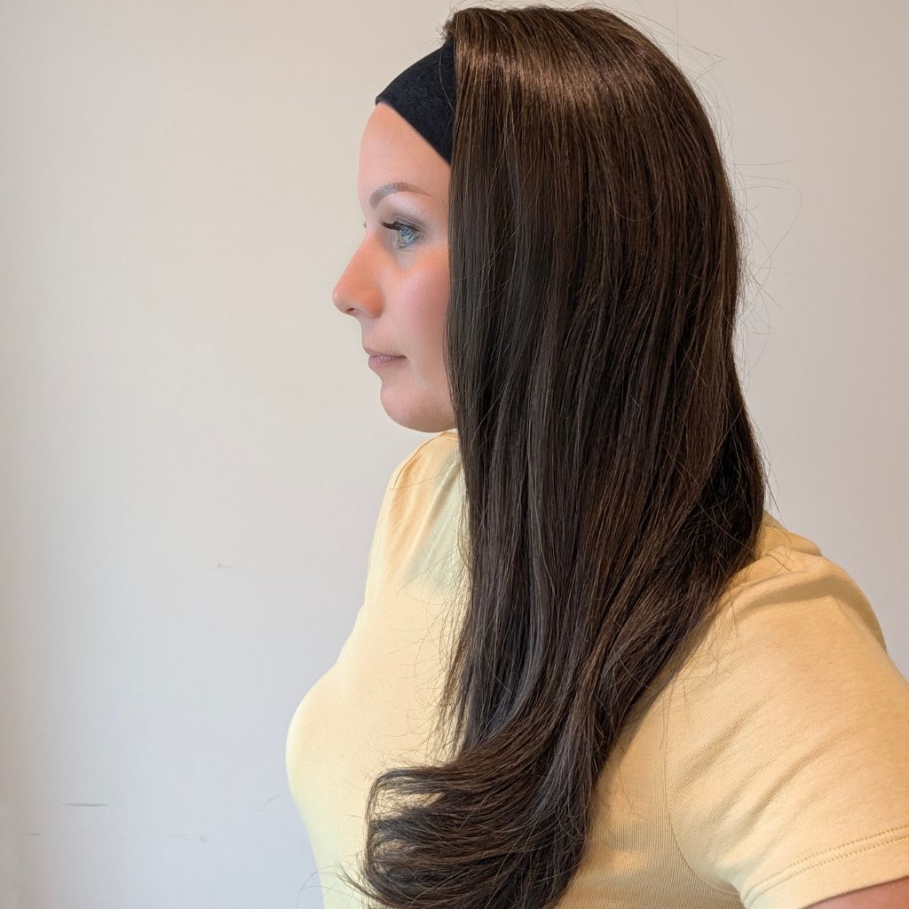 Headband Wig, Dark Brown with Blonde Highlights, Luxury Synthetic, side