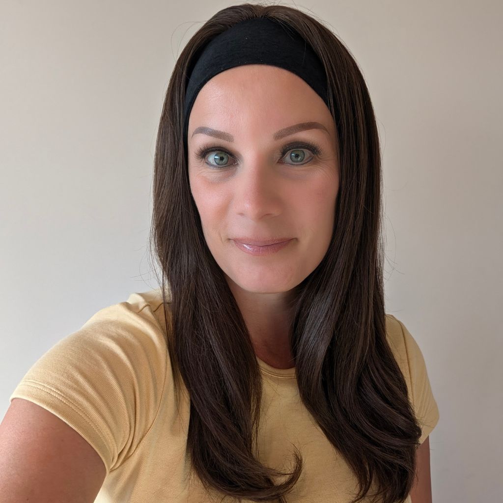 Headband Wig, Medium Brown with Blonde Highlights, Luxury Synthetic, front