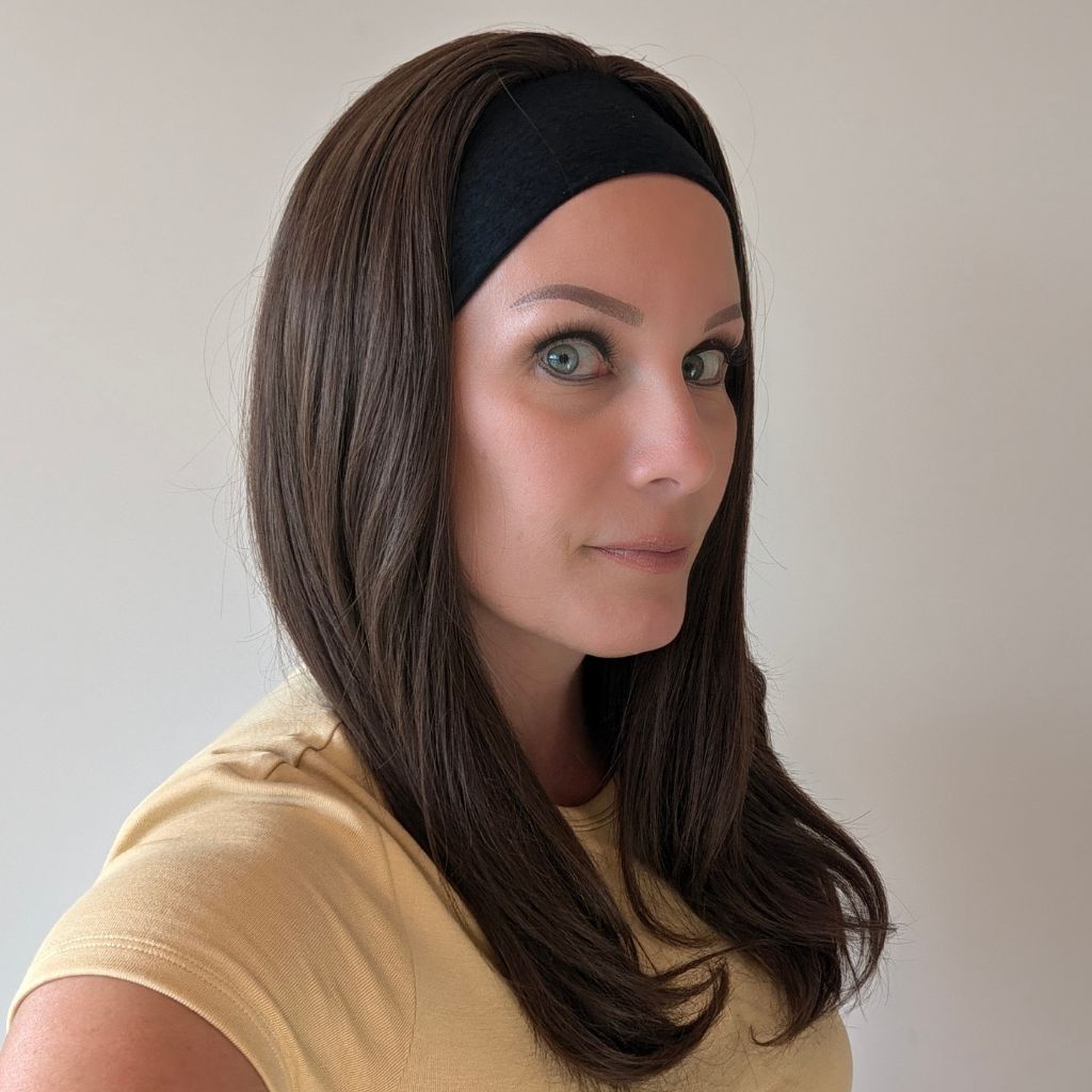 Headband Wig, Medium Brown with Blonde Highlights, Luxury Synthetic, front