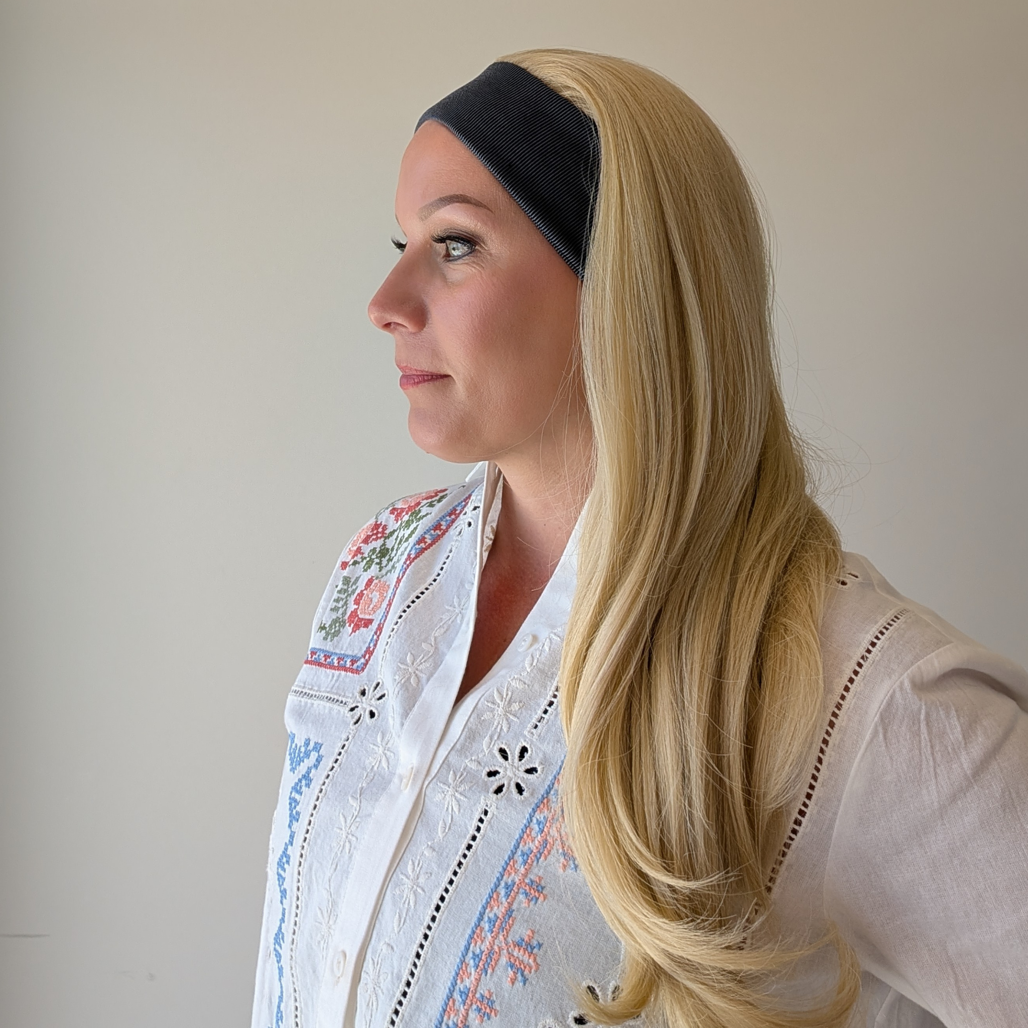 long headband wig platinum blonde heat friendly synthetic