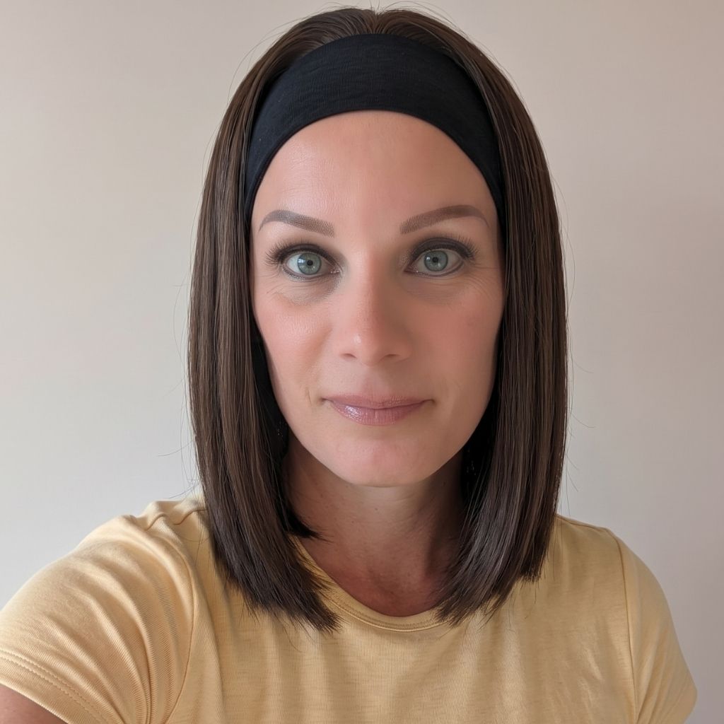 Headband Wig Bob Medium Brown with Blonde Highlights Luxury Synthetic Front