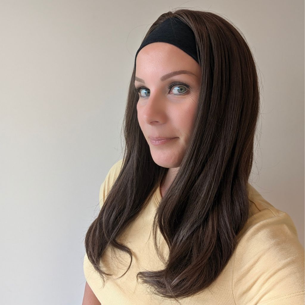 Headband Wig,  Medium Brown with Blonde Highlights,  Luxury Synthetic,  side