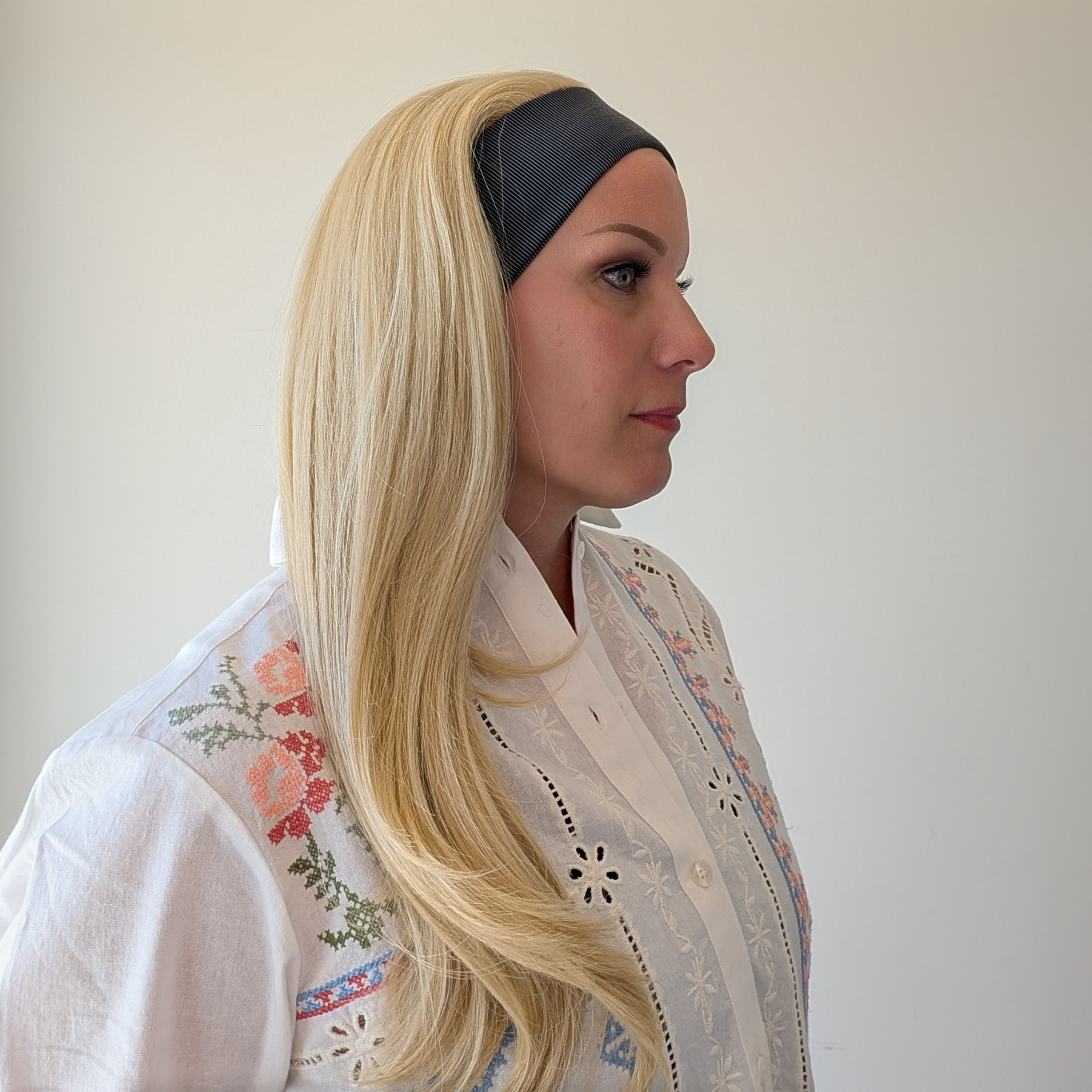 long headband wig platinum  blonde heat friendly synthetic