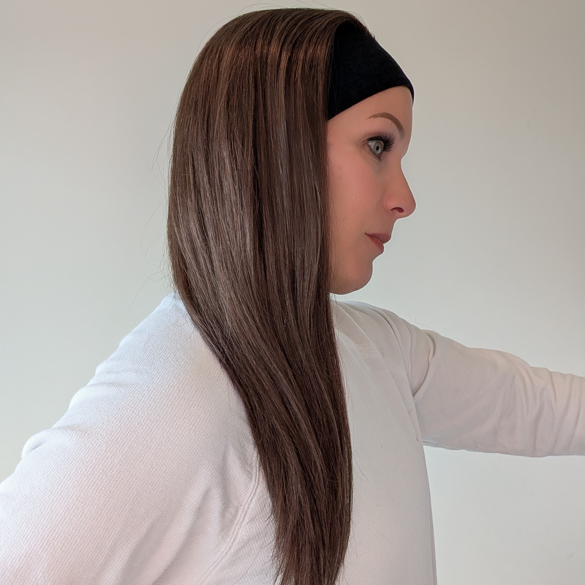 long headband wig, medium brown with blonde highlights, human hair