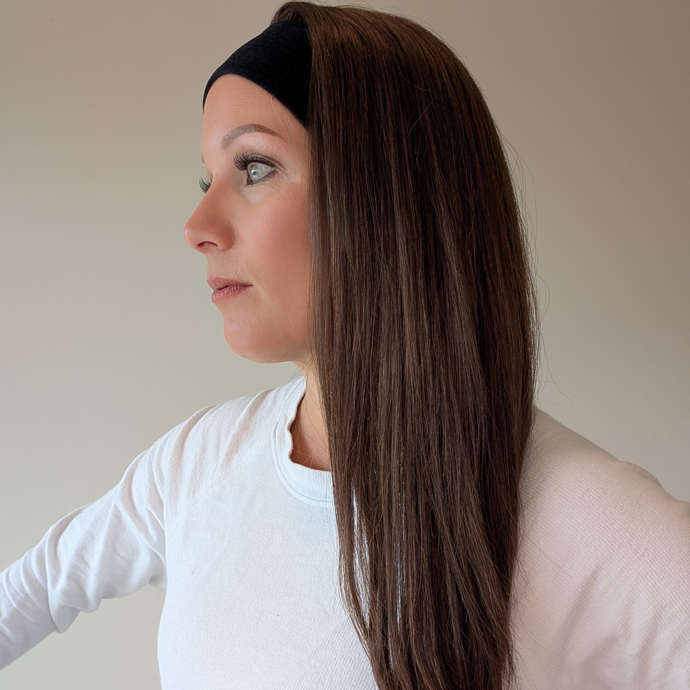 long headband wig, medium brown with blonde highlights, human hair