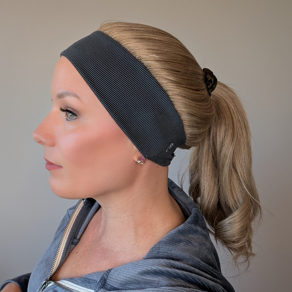 Natural blonde human hair headband wig styled in a side ponytail