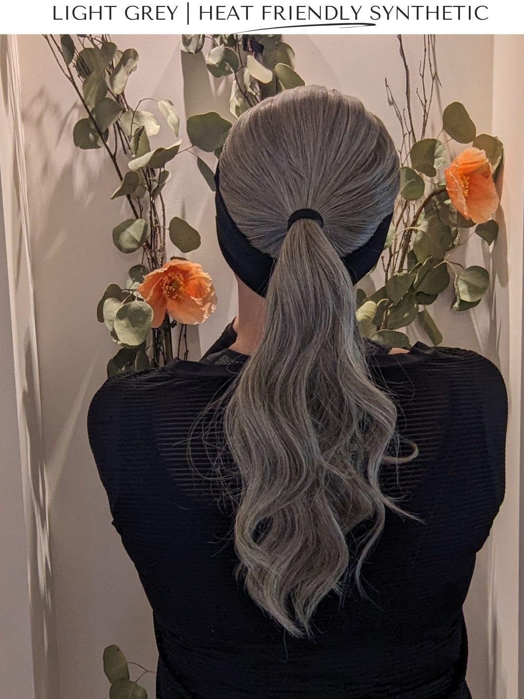 light grey wig ponytail back natural light