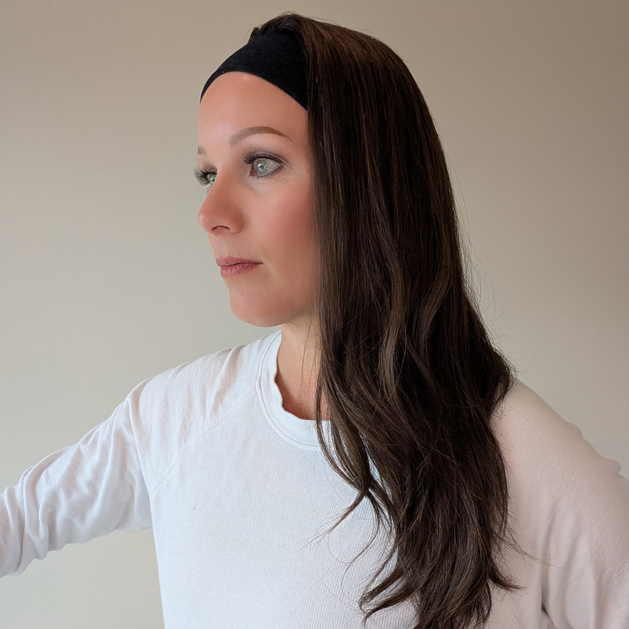 long headband wig, dark brown with blonde highlights, human hair
