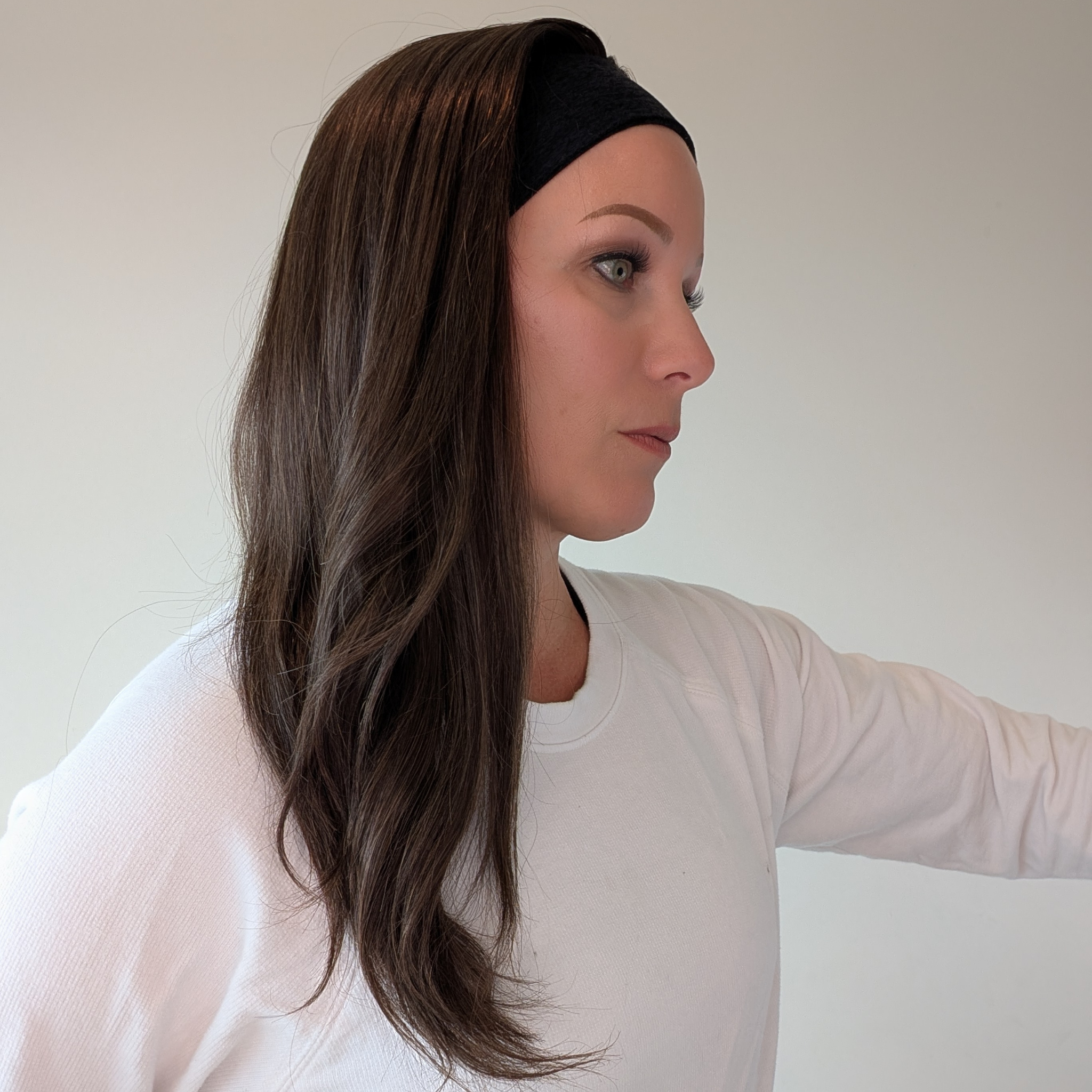 long headband wig, dark brown with blonde highlights, human hair